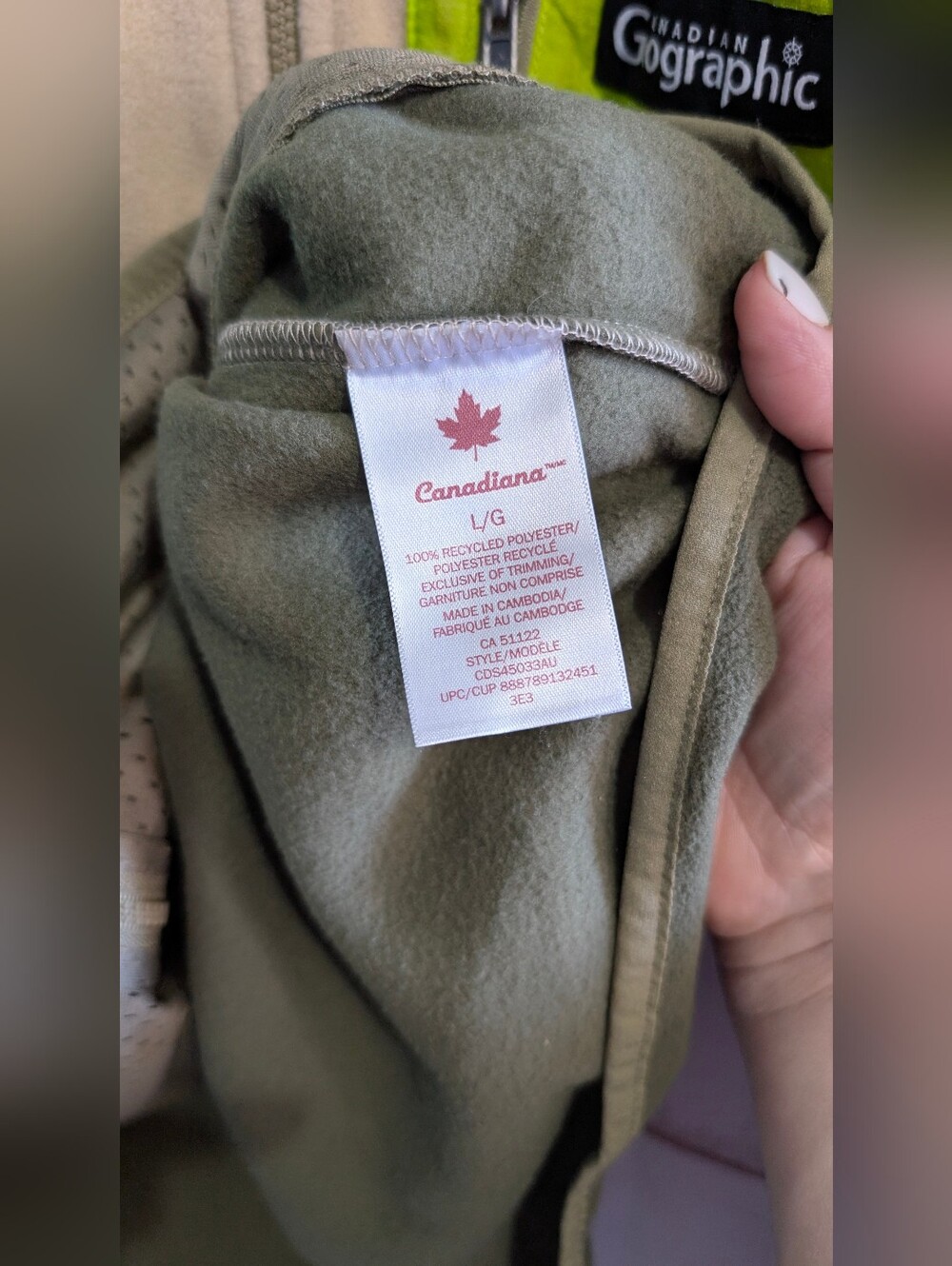 🆕 ❤️ Geographic Beige, Olive & Neon Yellow Chest Pocket Fleece Full Zip Size L - Picture 7 of 9